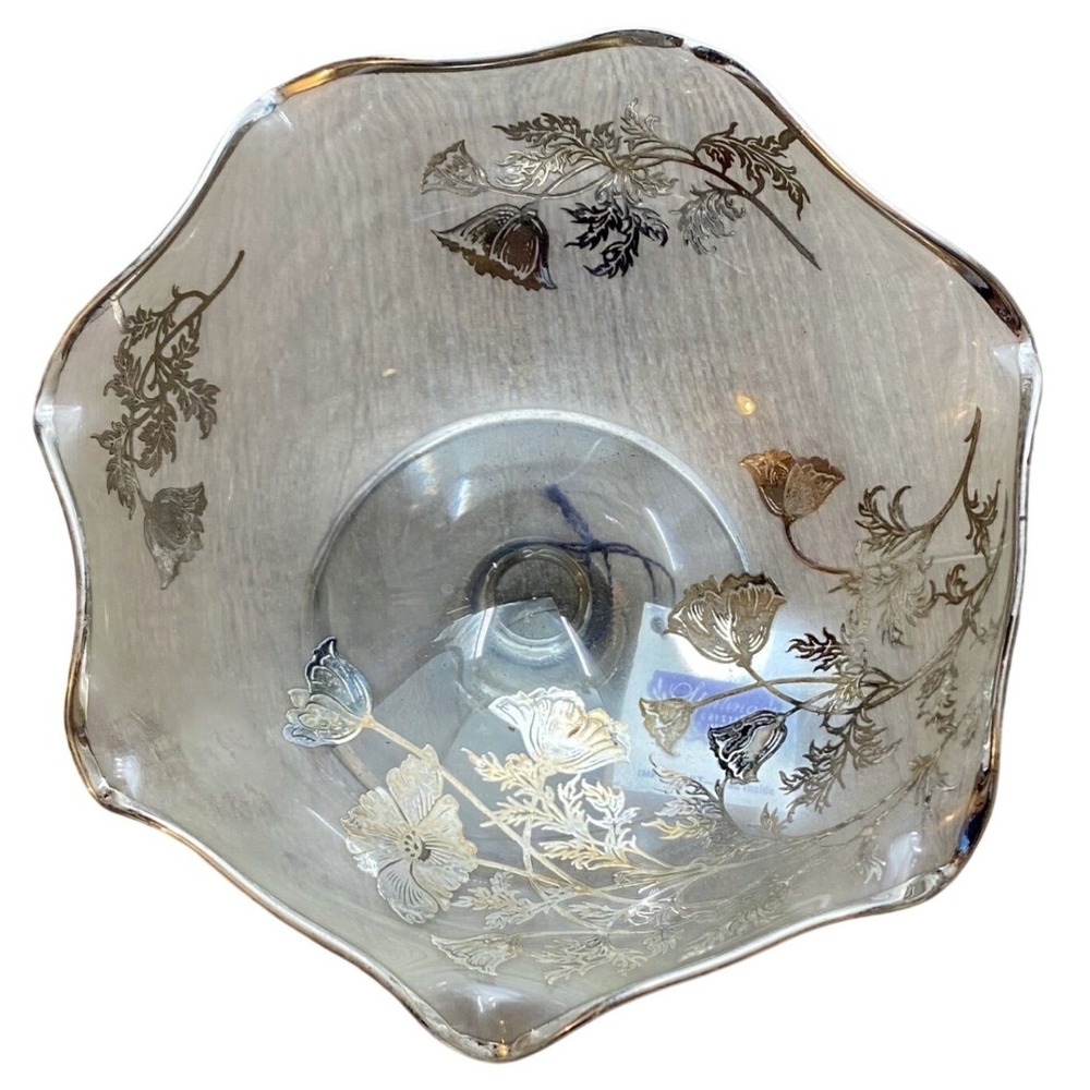 Silver City Sterling on Crystal Poppy Floral Ruffled‎ Footed Candy Dish Bowl 6in